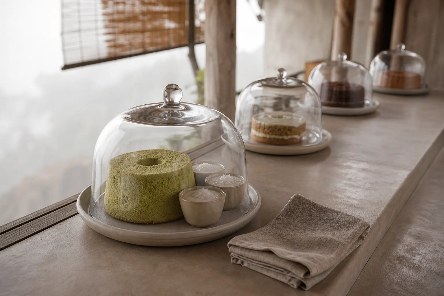 A bakery counter with pandan cake and coconut custard under a glass cloche