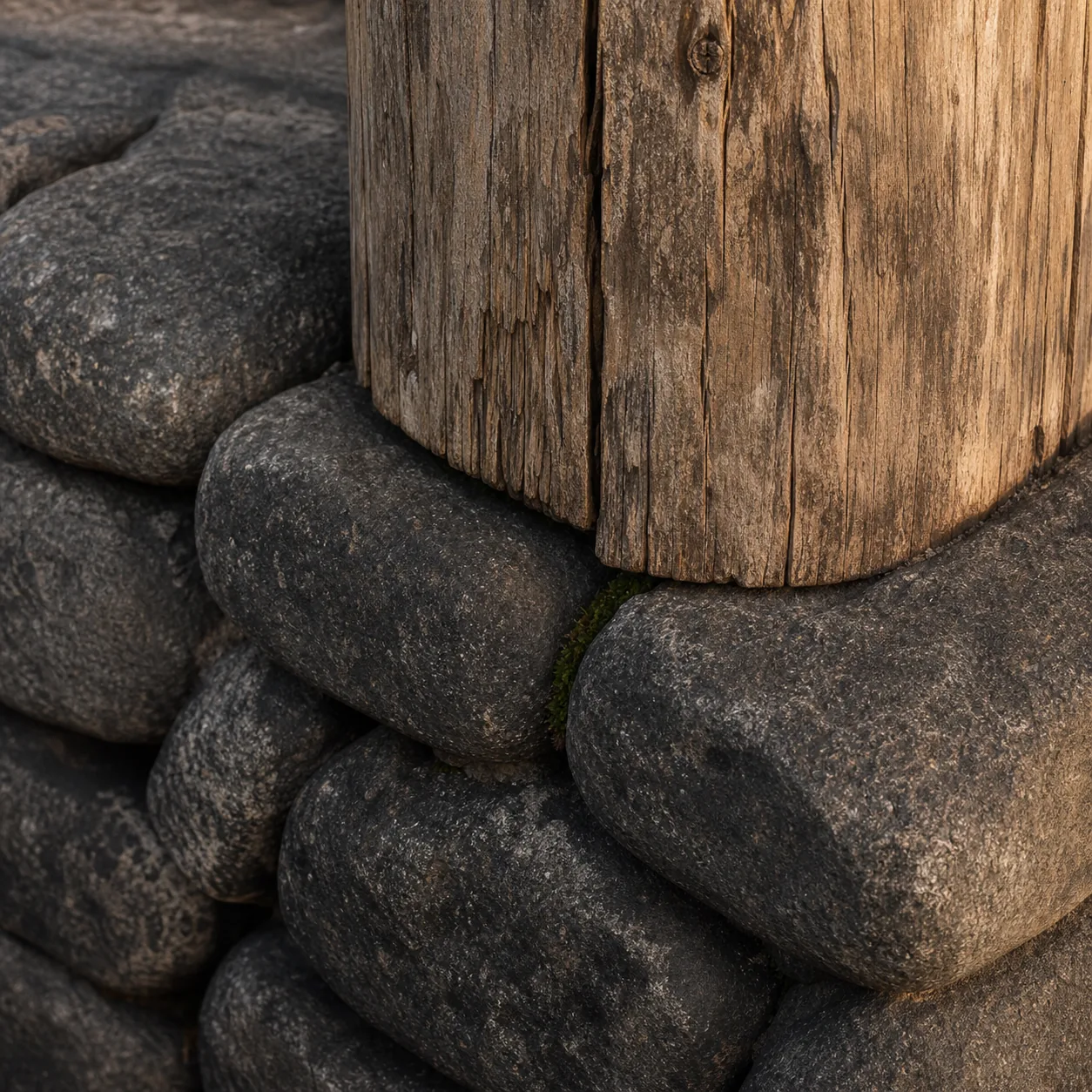 Dry-stacked dark river stone plinth meeting a teak post