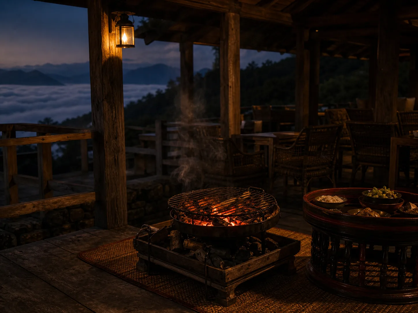 Charcoal grill and a lacquered khantoke tray in a dark timber dining room