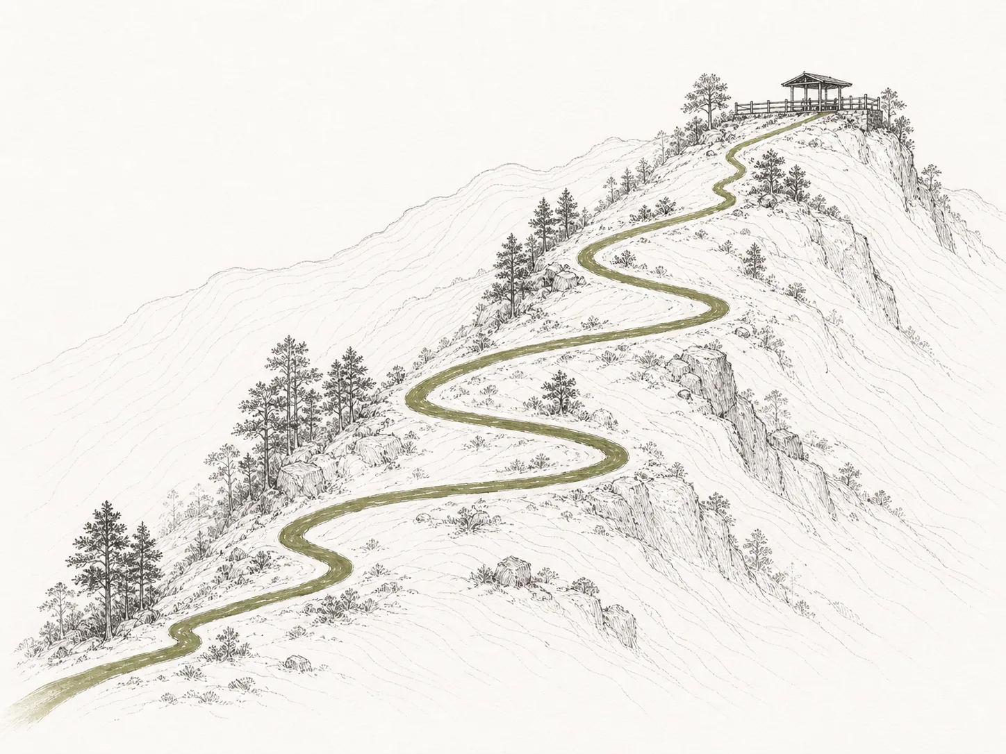 A hand-drawn style map of the ridge showing the approach road and switchbacks