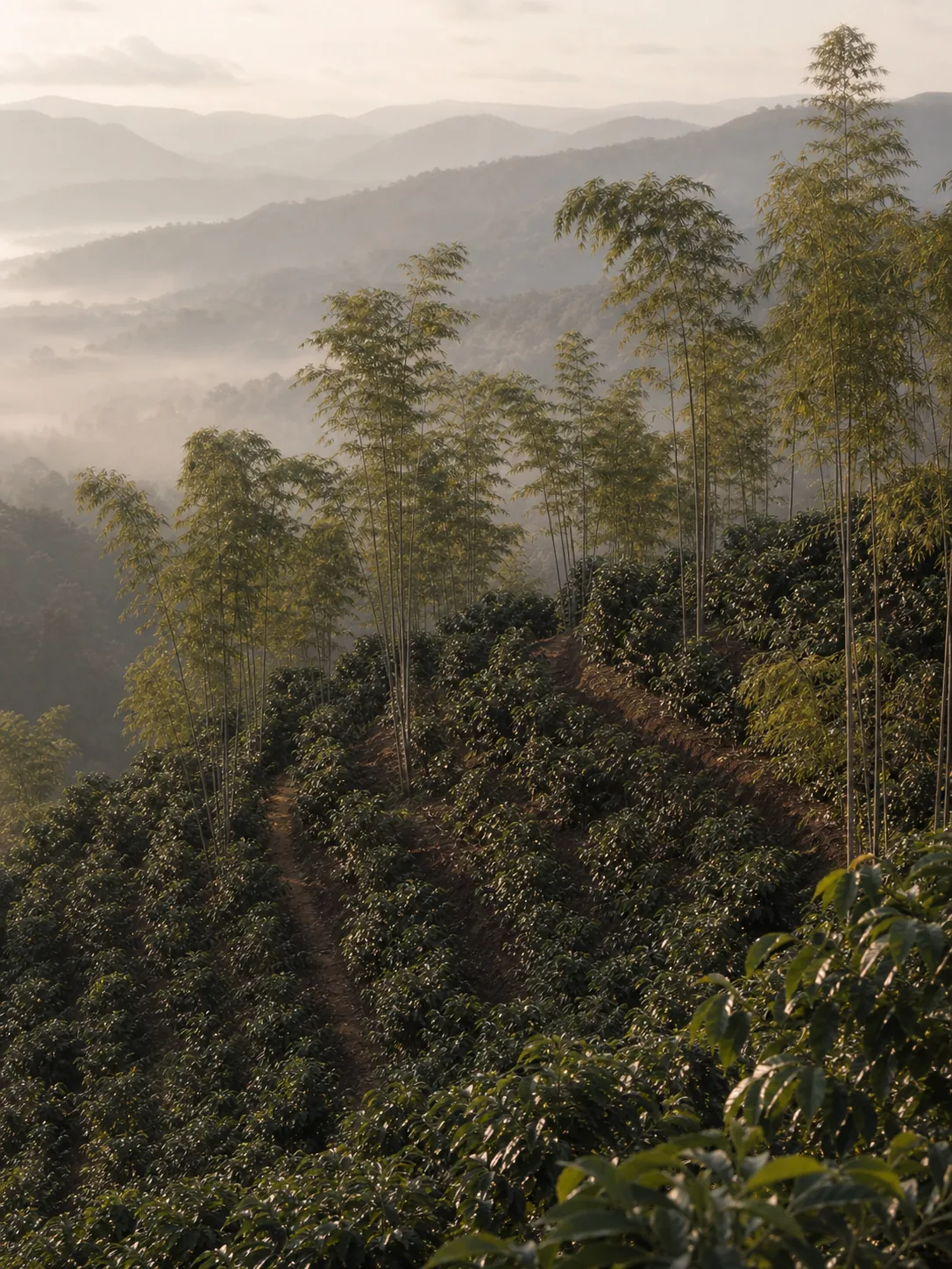 Coffee terraces on the Doi Tung ridge, rows following the contour of the slope
