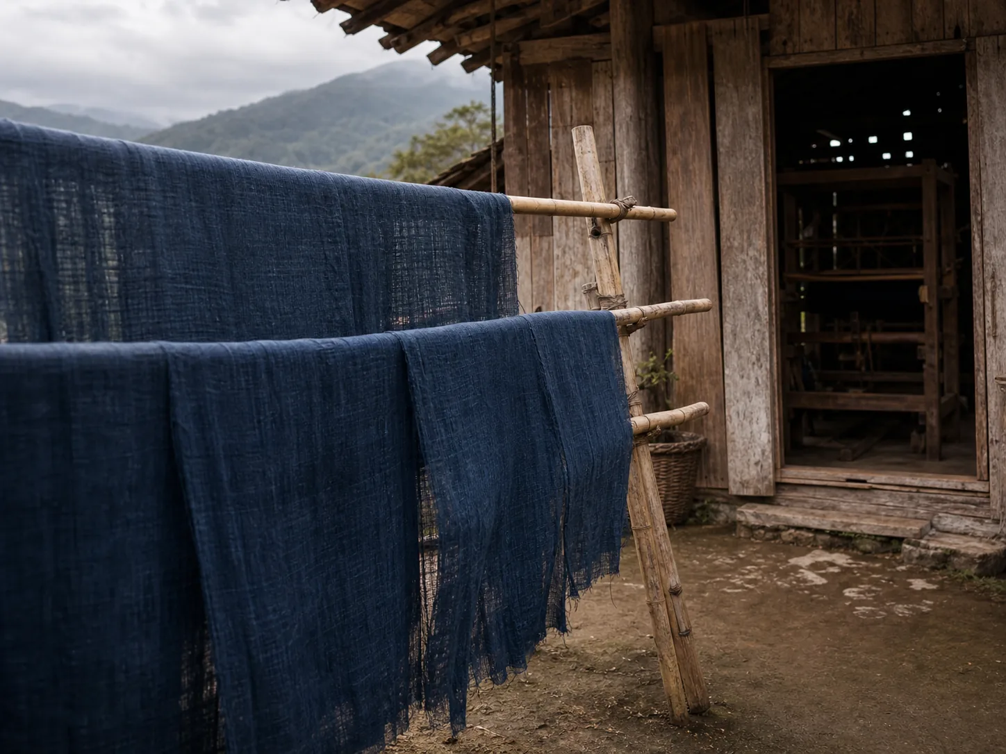 Indigo-dyed cloth drying on a bamboo rack outside a timber workshop