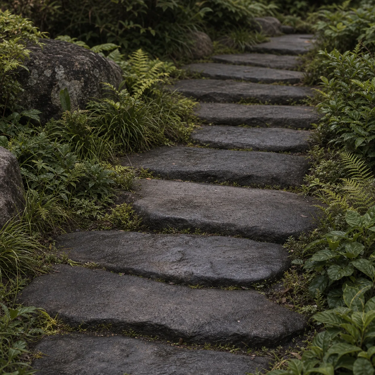 A stone path stepping down through planted terraces