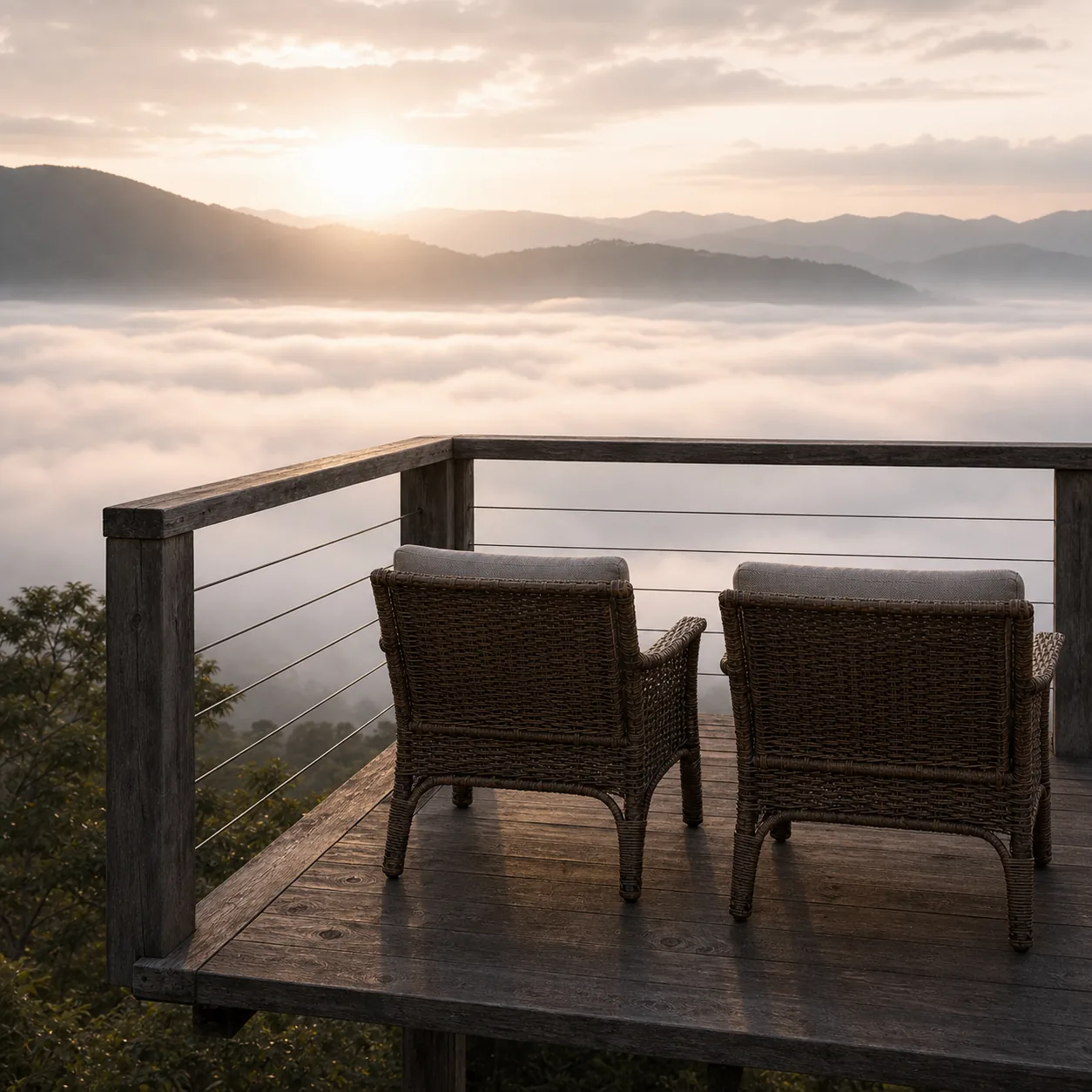 A small cantilevered deck projecting west over the drop, two chairs
